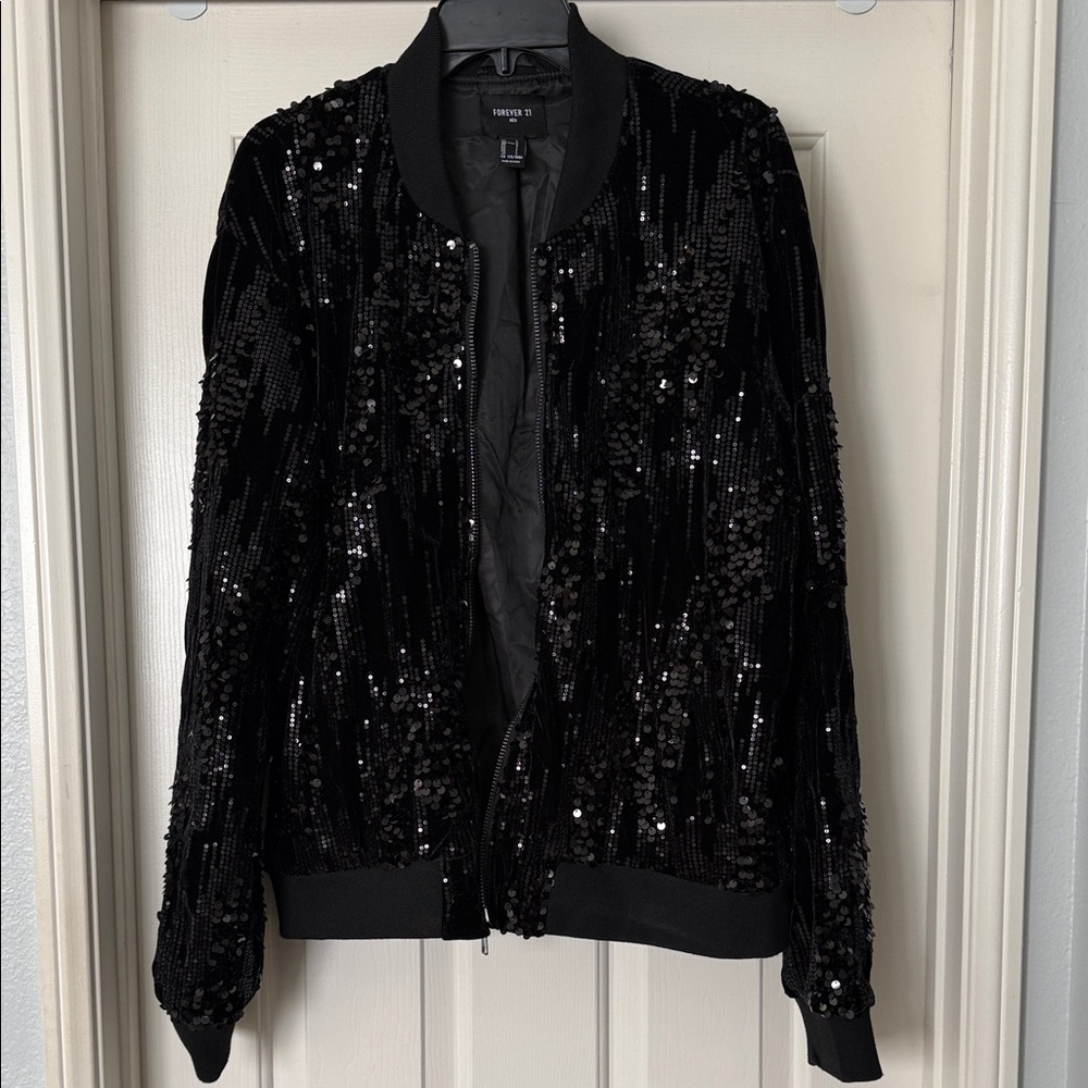 Forever 21 Black Sequin Bomber Jacket - Shimmering Evening Bomber